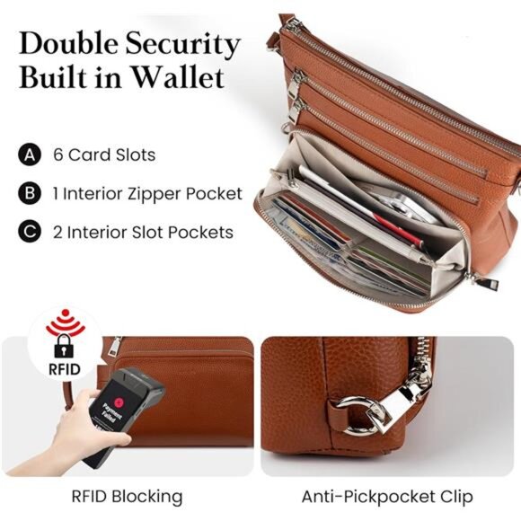 Genuine Leather Crossbody Bag for Women Anti Theft RFID Purse Shoulder Handbag - Picture 3 of 7